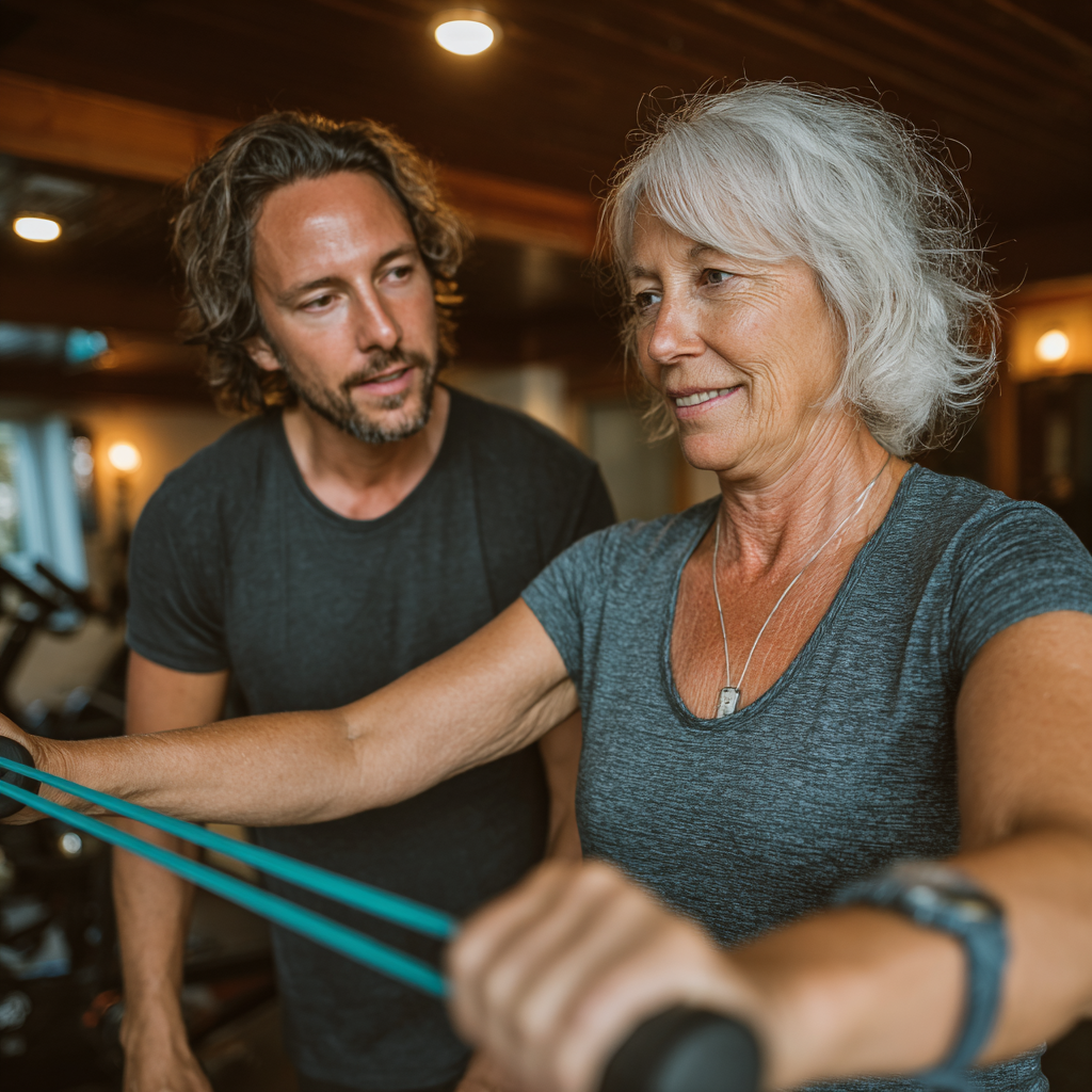 Чоловік та жінка віком 55 років виконують силові вправи з гантелями в сучасному тренажерному залі, усміхаючись та демонструючи впевненість
