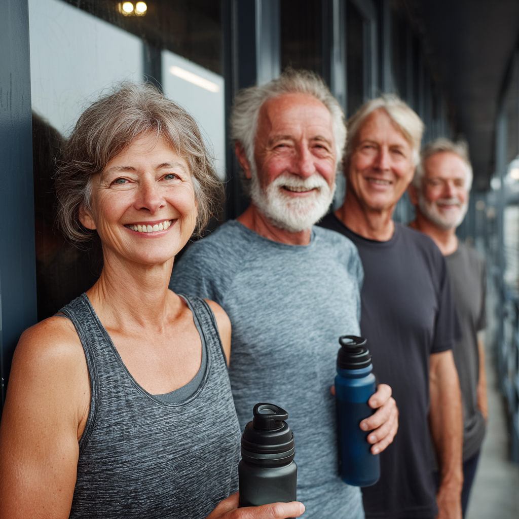 Дружна група людей віком 55-65 років в спортивному одязі стоять біля входу в сучасний фітнес-центр, усміхаючись та тримаючи спортивні пляшки
