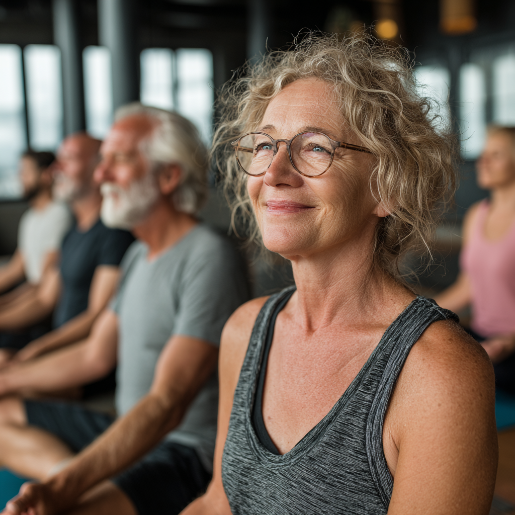 Група людей віком 50-60 років разом виконує вправи на йога-килимках в просторому залі з великими вікнами, всі усміхаються та виглядають задоволеними